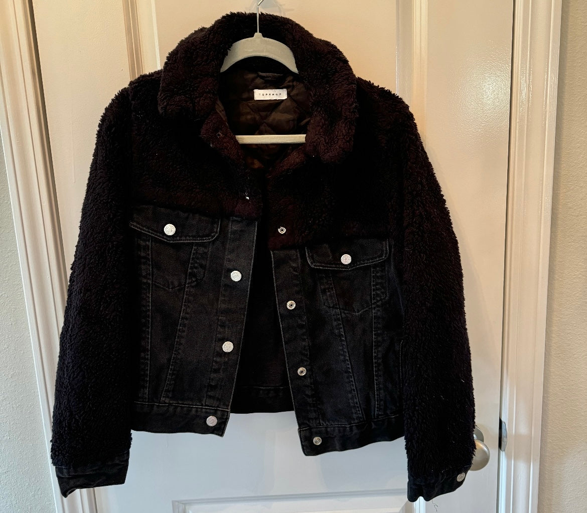 Topshop Jean Jacket w Sherpa Fleece Women’s Size 4 Black