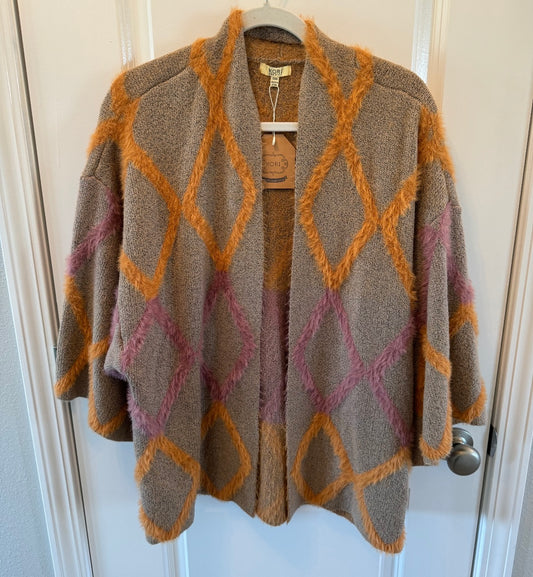 Kori Textured Diamond Argyle Open Front Cardigan Sweater Women’s Size S/M Brown