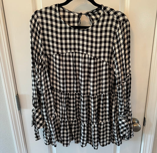 Zara Checker Plaid Tiered Ruffle Top Women’s Size Large Black White