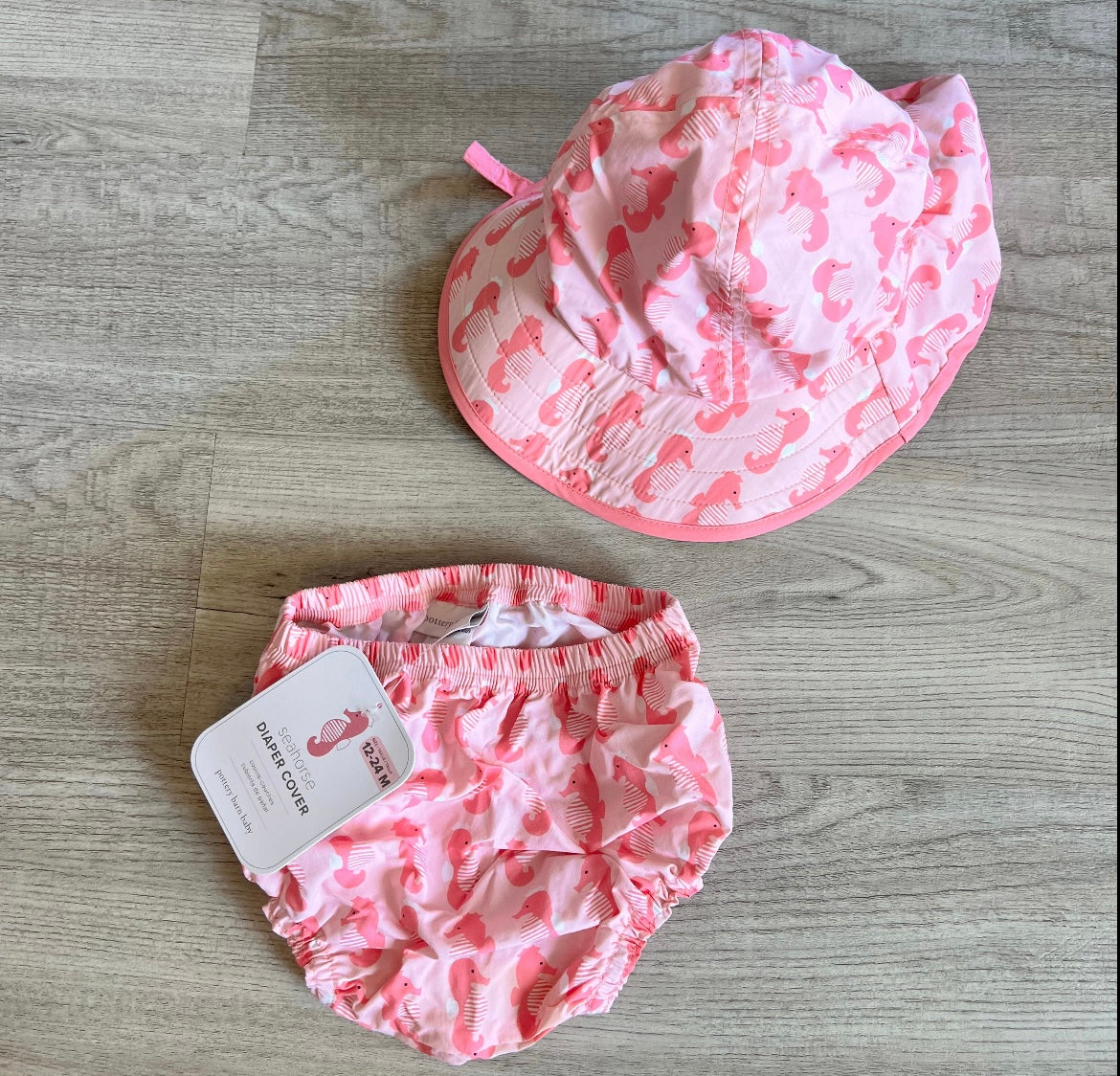 Pottery Barn Diaper Cover & Hat Seahorse Print Baby Girl Size 12-24M Pink