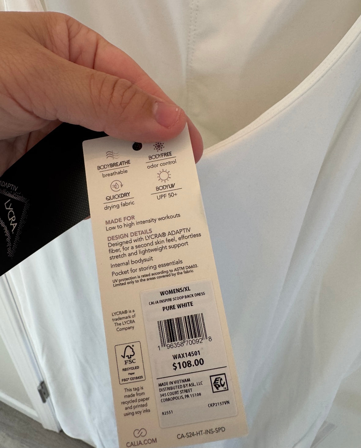 Calia Active Dress w Built In Shorts Women’s XL White NWT