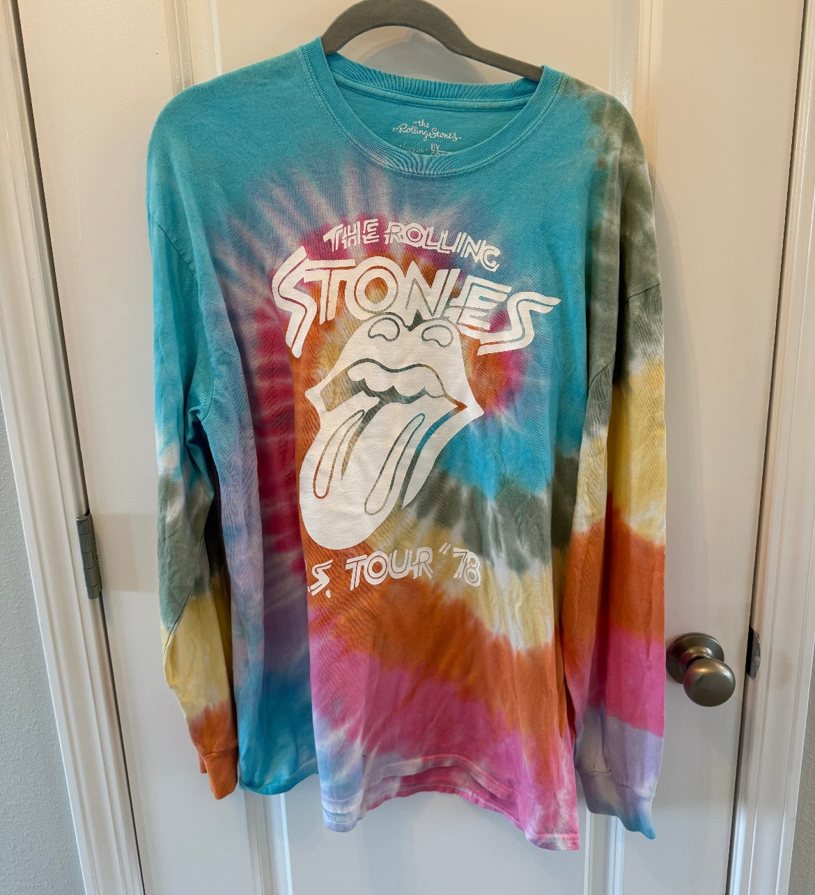 The Rolling Stones Long Sleeve Tie Dye Band Tee Unisex Adult Size XL Blue Multi