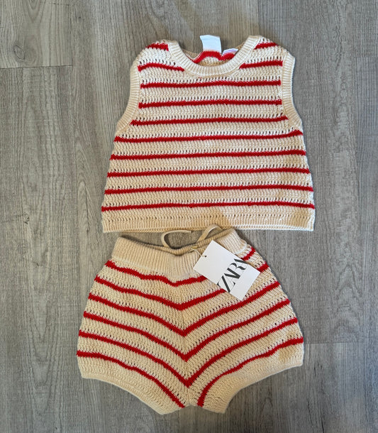 Zara 70s Crochet Stripe Toddler Girl Matching Set Top Size 3-4 Years Shorts Size 2-3 Years Cream Red