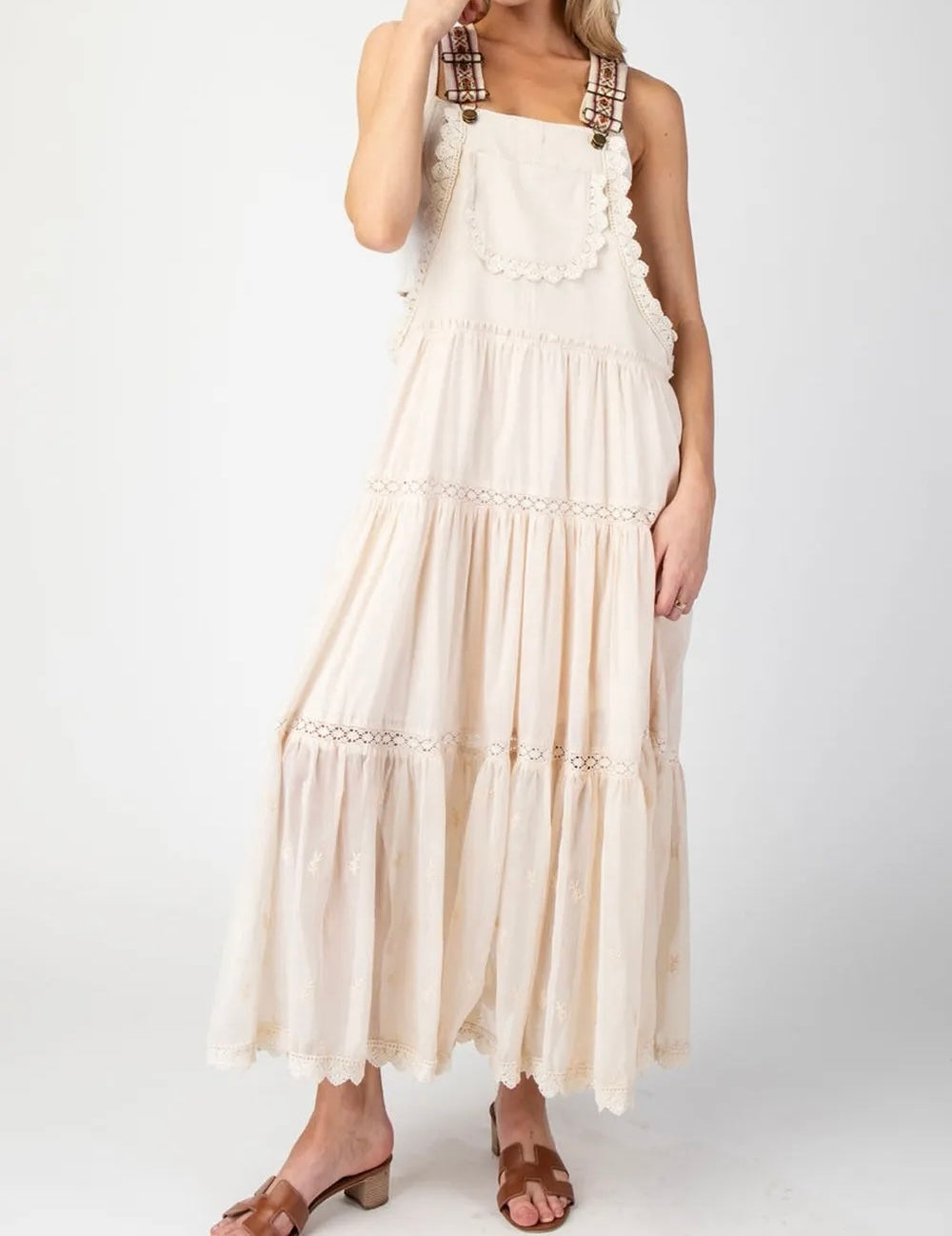 Bohemian Overall Dress w Embroidered Adjustable Straps Women’s Size Small Loose Fit Oatmeal