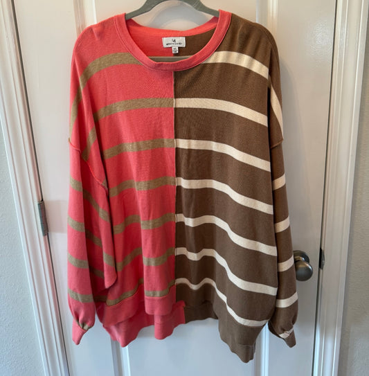 Colorblock Stripe Ribbed Knit Long Sleeve Crewneck Top Women’s Size M/L Pink Brown