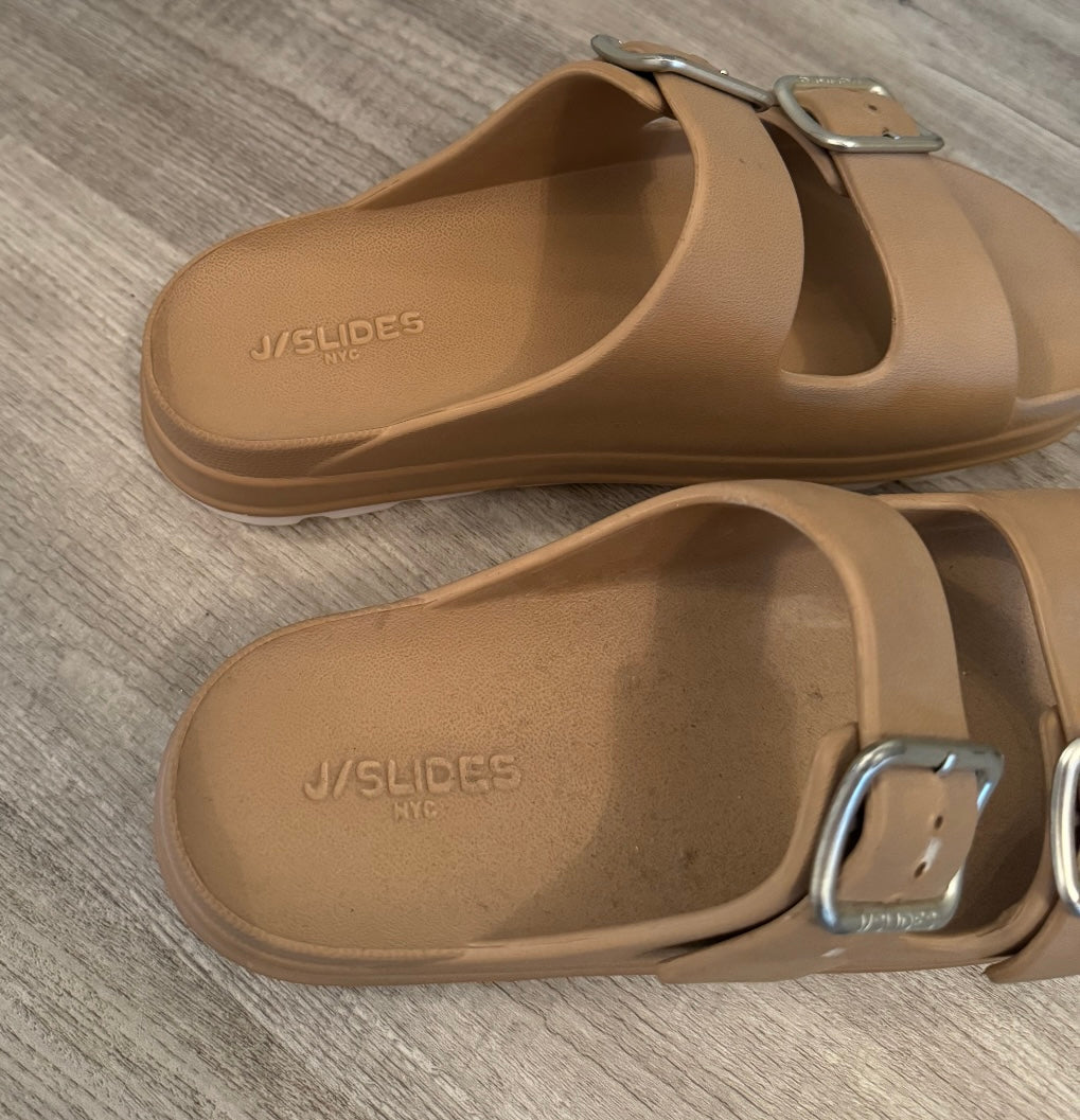 J/Slides Simply B Dual-Buckle Slides Women’s Size 9 Tan