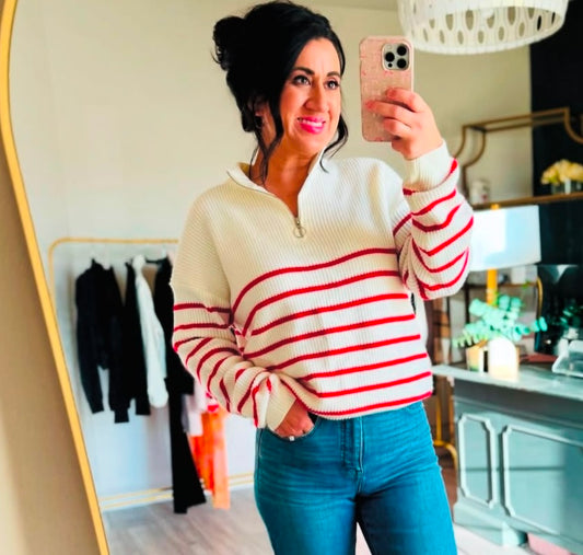 Stripe Quarter Zip Knit Sweater Women’s Size Large Cream Pink