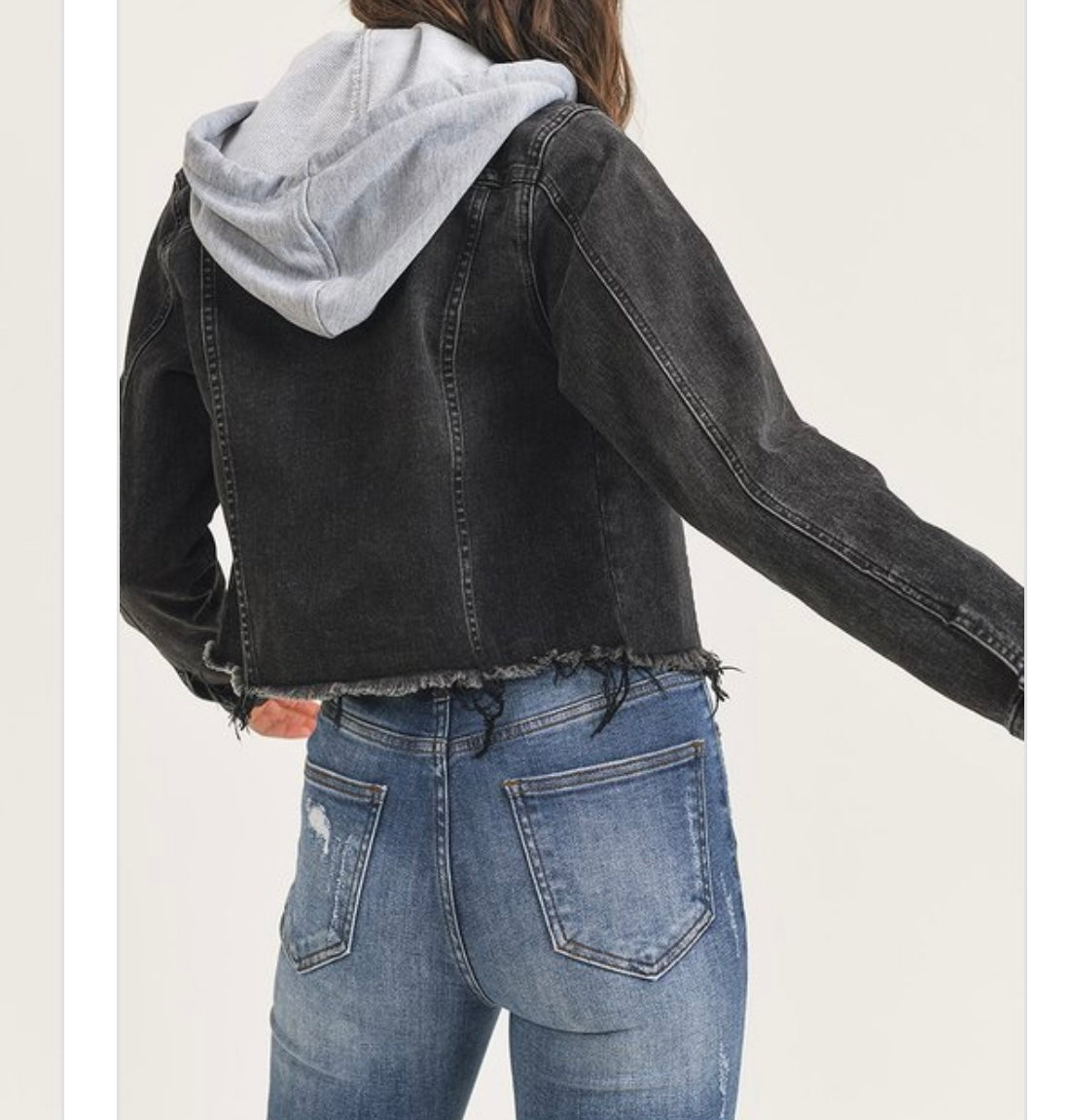 Risen Distressed Vintage Raw Hem Jean Jacket w Detachable Hood Women’s Size Large Black