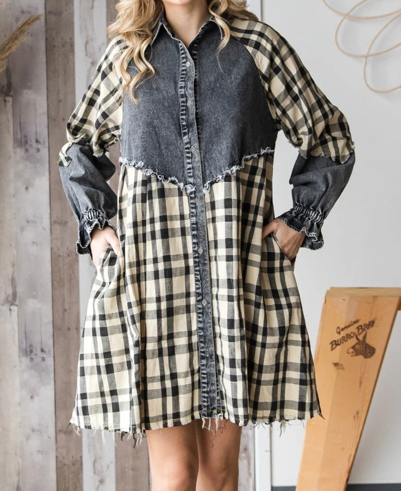 Denim Plaid Mix Baby Doll Dress Women’s Size Medium Black Cream