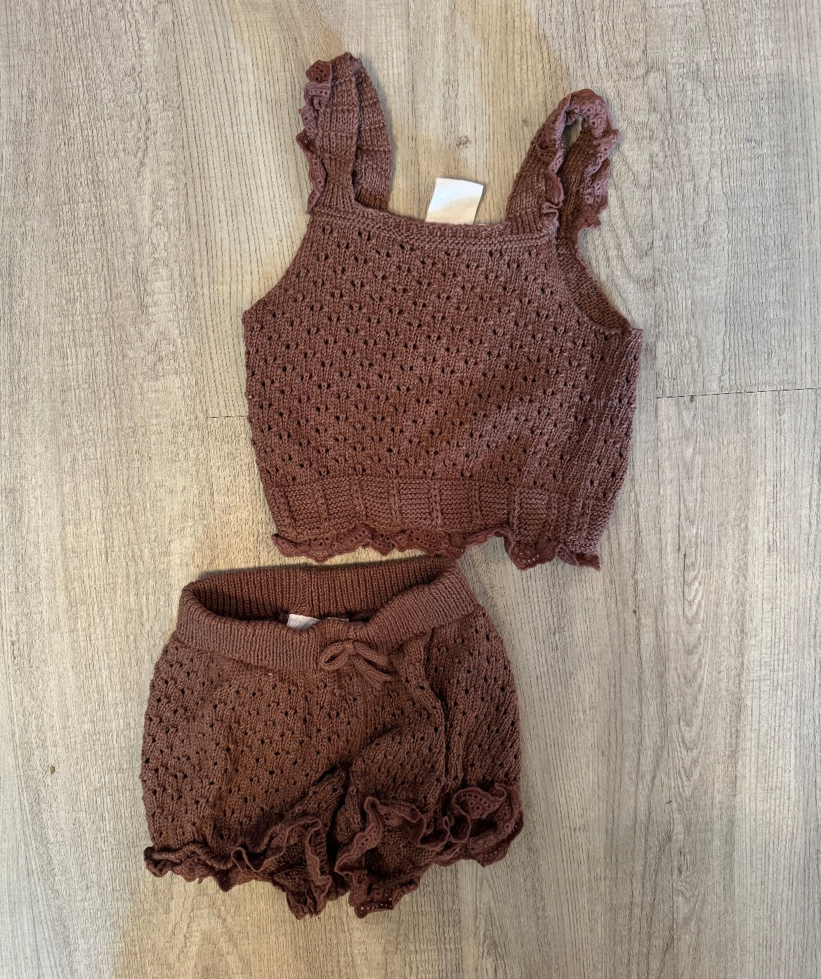 Zara Crochet Knit 70s Toddler Girl Matching Set Top Size 3-4 Years Shorts Size 2-3 Years Brown