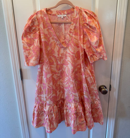 Floral Swing Dress w Puff Sleeves Women’s Size Large Peach