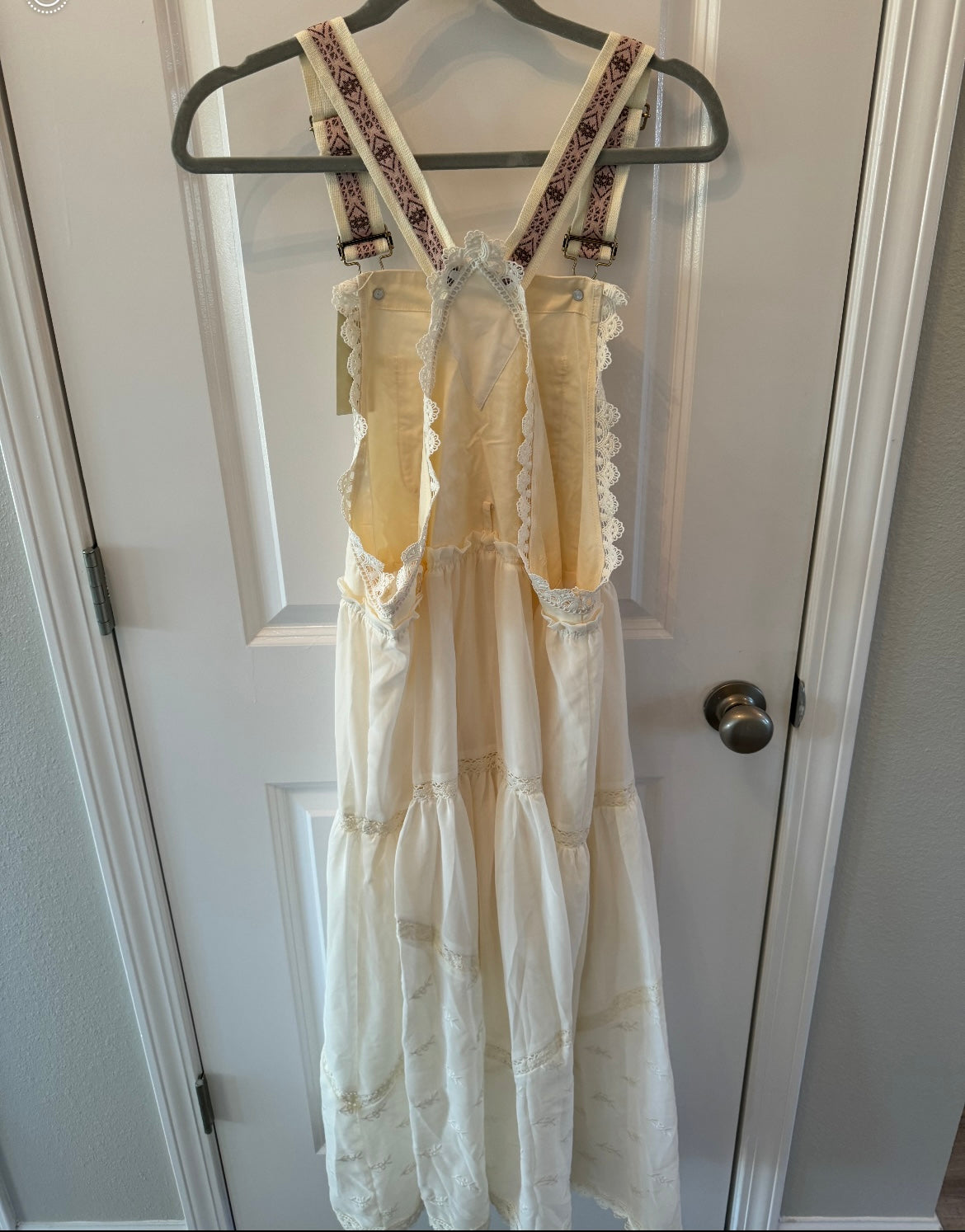 Bohemian Overall Dress w Embroidered Adjustable Straps Women’s Size Small Loose Fit Oatmeal