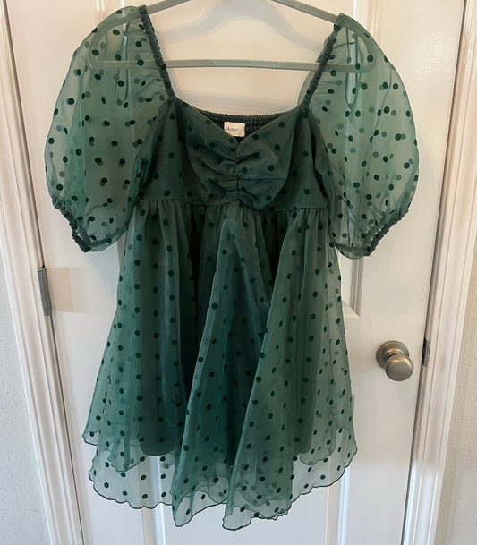 Bohme Polka Dot Layered Tulle Baby Doll Dress w Puff Sleeves Women’s Size Small Emerald