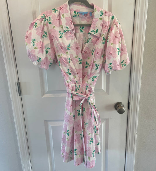 Draper James RSVP Puff Sleeve Button Front Dress Floral Women’s Size Large 12-14 Pink