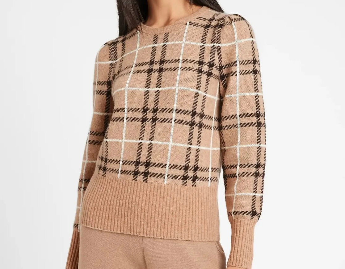 Banana Republic Plaid Aire Puff Sleeve Sweater Cotton Wool Blend Women’s Size Small Tan