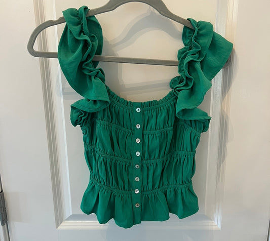 Button Front Cropped Smock Top w Ruffles Women’s Size Small Green