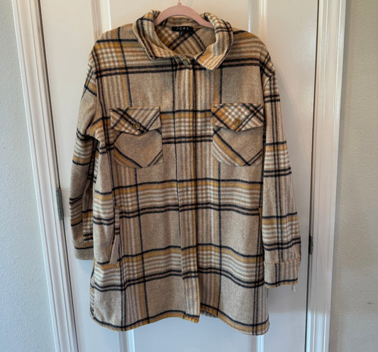 Plaid Flannel Shacket w Fringe Women’s Size Medium Tan