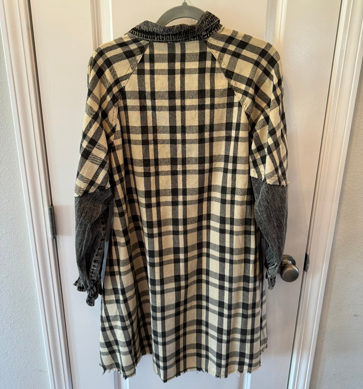 Denim Plaid Mix Baby Doll Dress Women’s Size Medium Black Cream