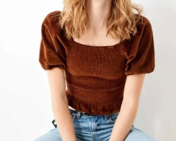 American Eagle Corduroy Puff Sleeve Top Women’s Large Brown