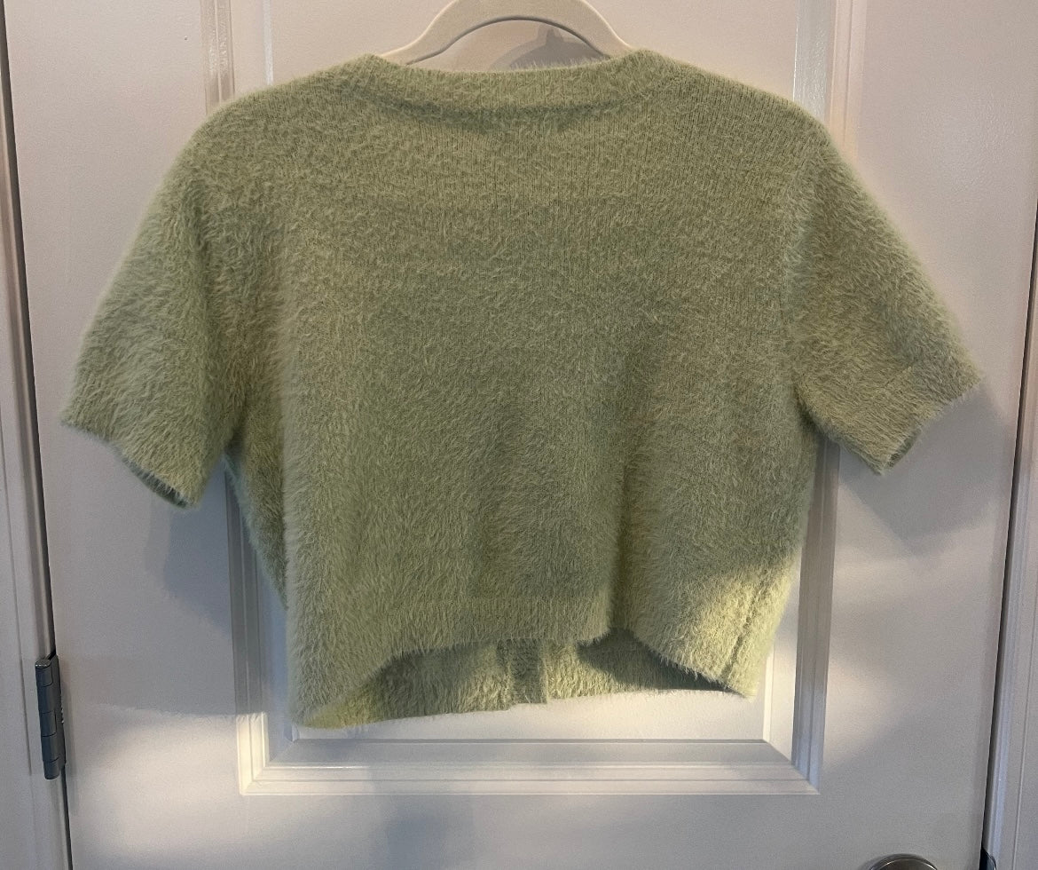 LA Hearts Cropped Fuzzy Cardigan Women’s Size Medium Pastel Green