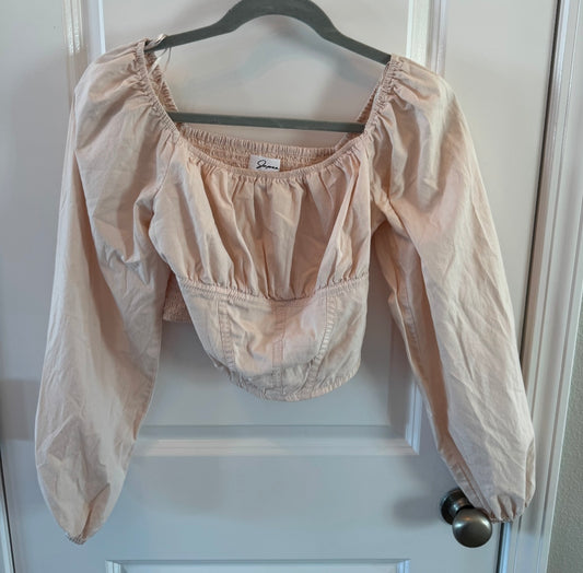 Cropped Smock Top w Puff Sleeves Women’s Size Small Beige