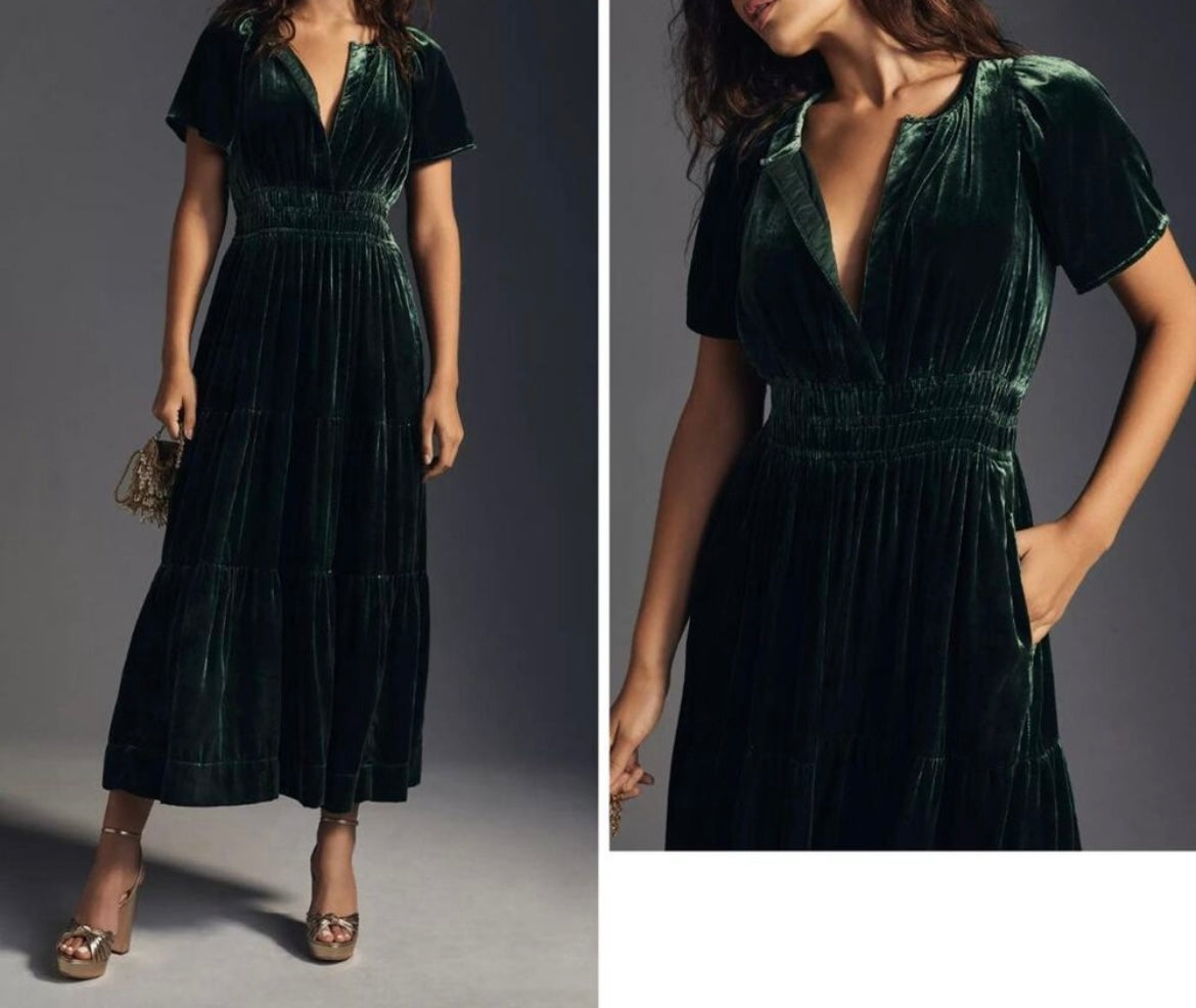 Anthropologie Somerset Velvet Dress Women’s Size XS Green