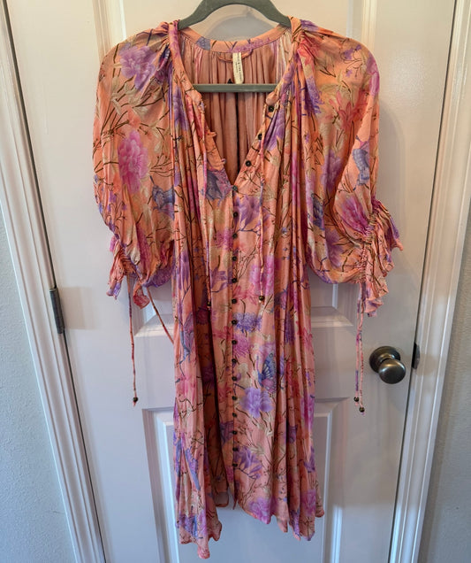 Butterfly Button Front Mini Dress w Puff Sleeves Women’s Size Large Musk