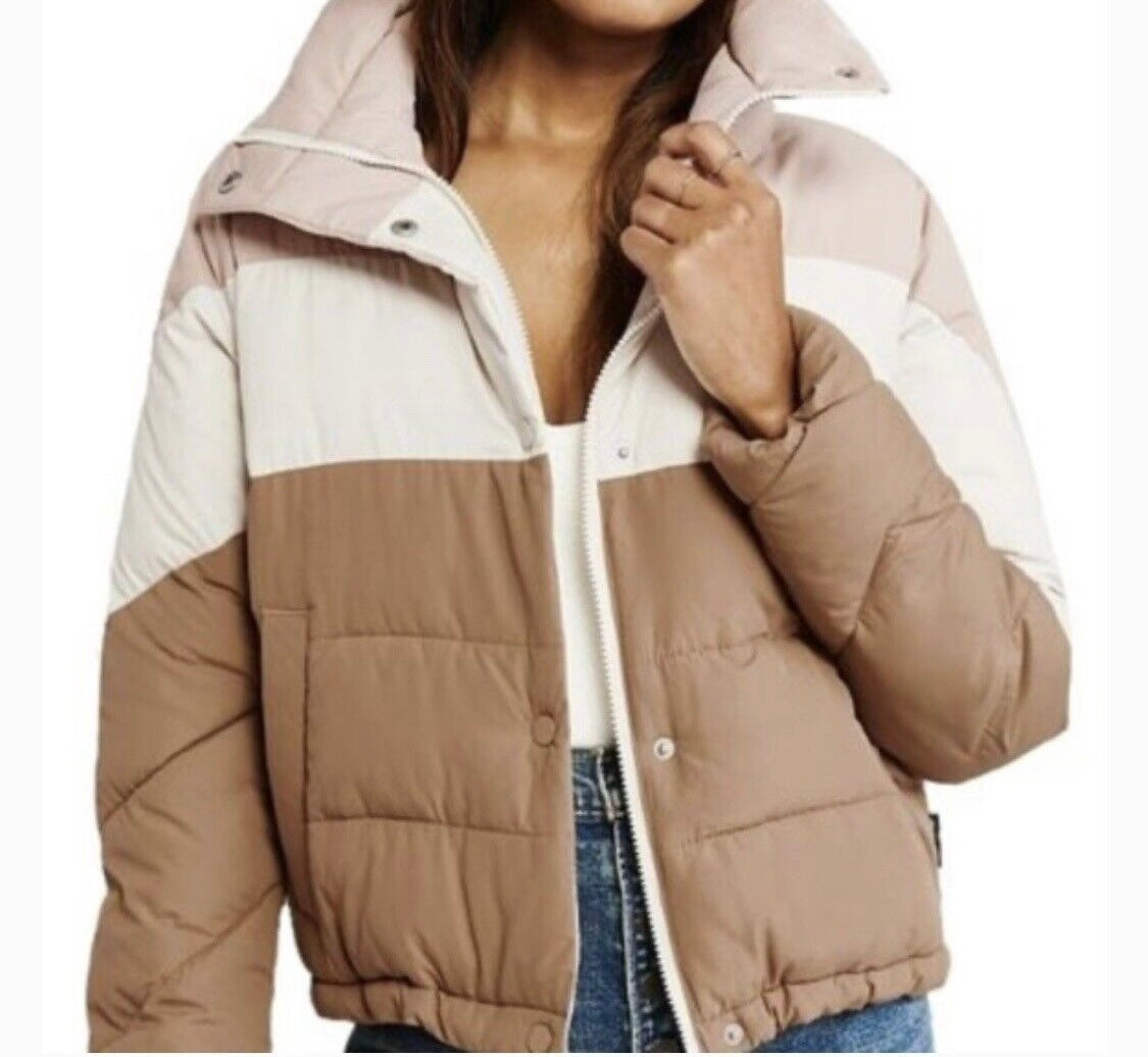 Abercrombie & Fitch Mini Ultra Puffer Women’s Size Large Tan Colorblock