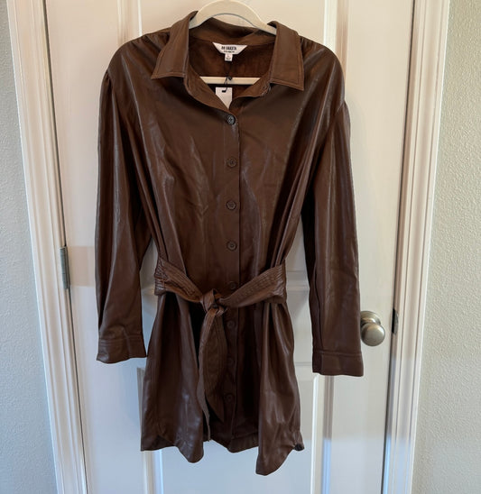 BB Dakota Steve Madden Nelly Faux Leather Puff Sleeve Dress Women’s Size Large Brown