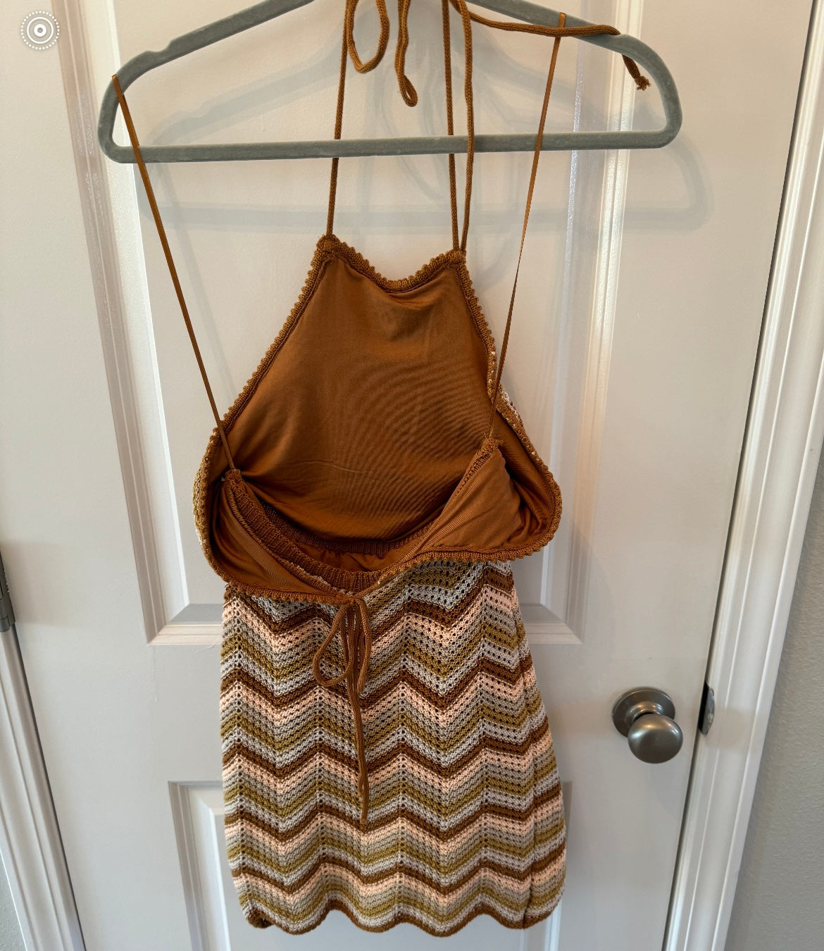 Lush Chevron Crochet Halter Mini Dress Women’s Size Small Brown