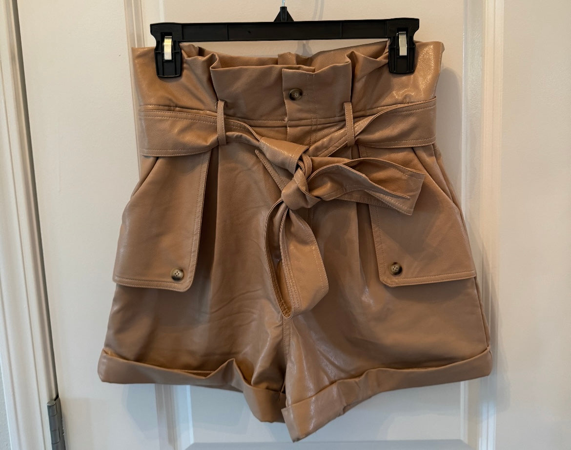 Faux Leather Paperbag Shorts Women’s Size Small Tan