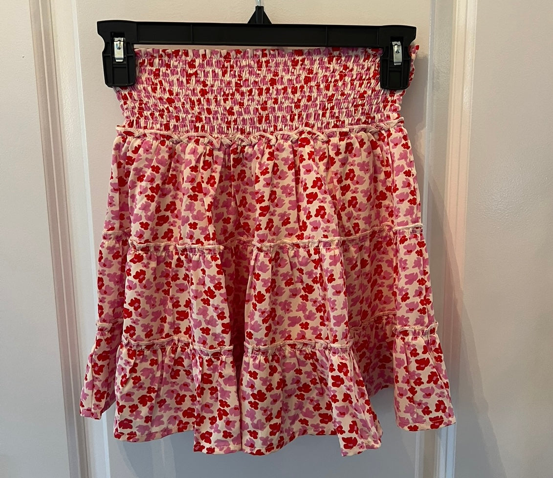 Pink Lily Tiered Floral Smock Waist Skirt Women’s Size XS Pink