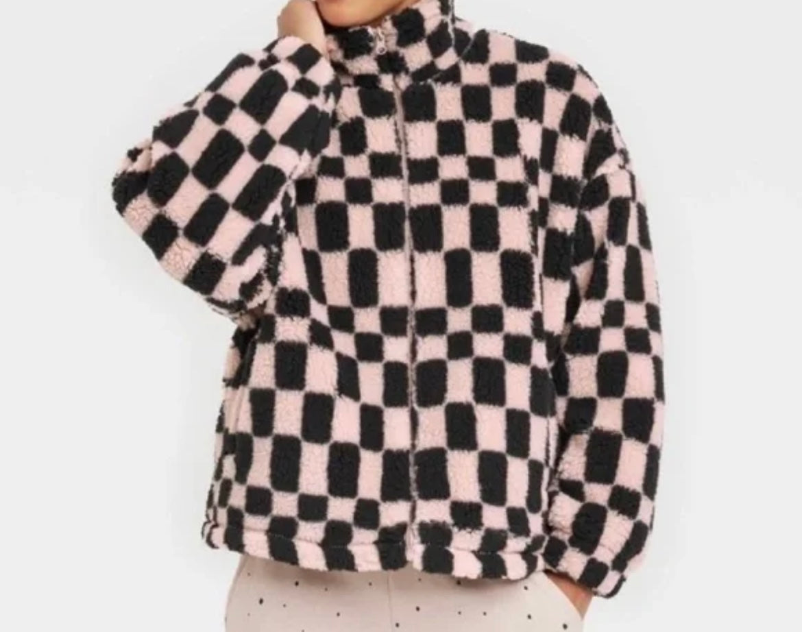 A New Day Checker Print Full Zip Fleece Jacket Women’s Size Large Pink Black