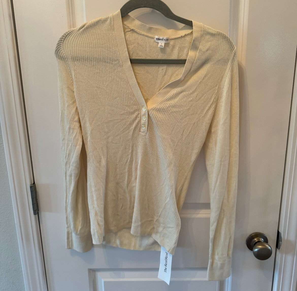 Minnie Rose Fine Silk Cashmere Henley VNeck Top Women’s Size Large Off White