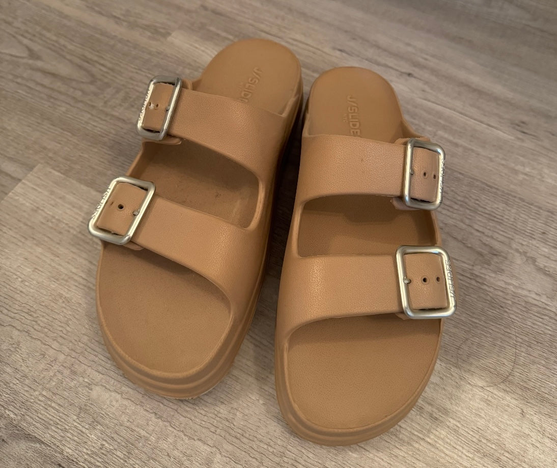 J/Slides Simply B Dual-Buckle Slides Women’s Size 9 Tan