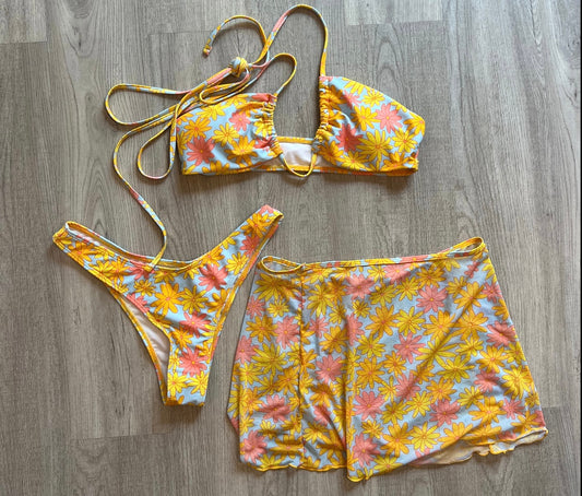 Flower Print 70s Bikini Swim Set Women’s Size Large 12-14 Yellow