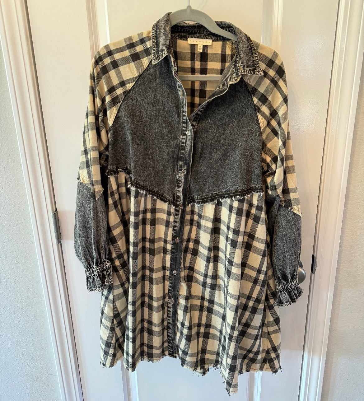 Denim Plaid Mix Baby Doll Dress Women’s Size Medium Black Cream