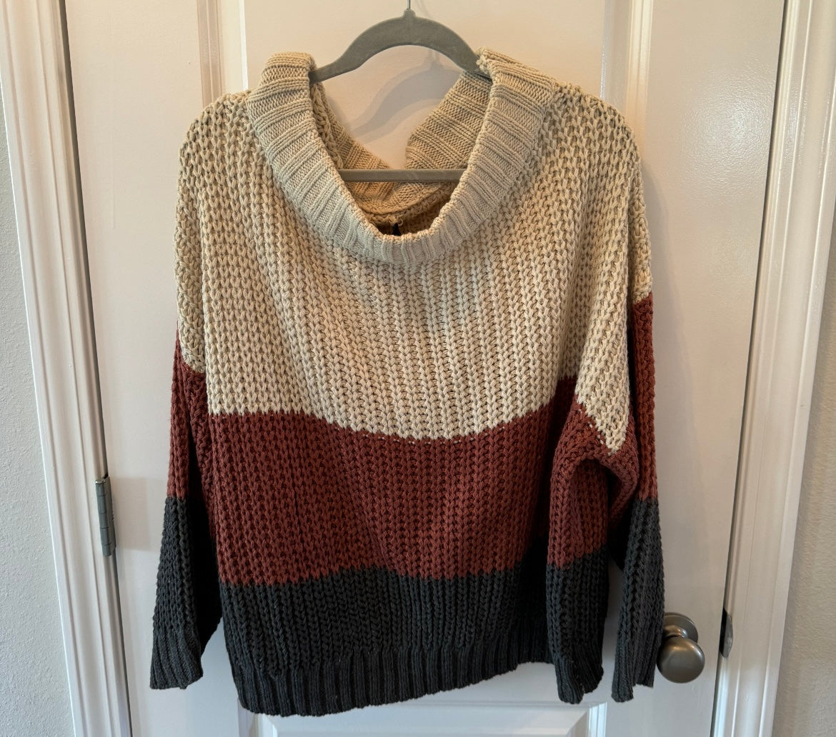 Aakaa Colorblock Stripe Sweater w Cowl Neck Women’s Size Large Cream