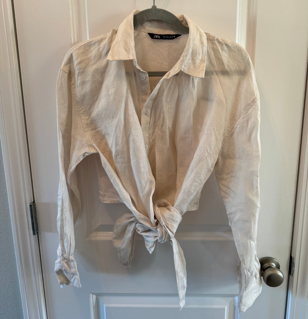 Zara Button Front Knotted Shirt Women’s Size Large White