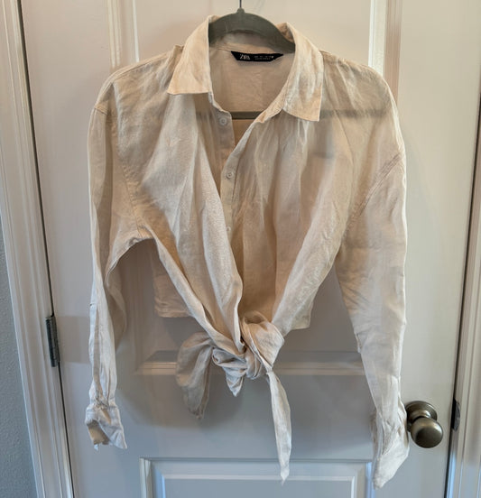 Zara Button Front Knotted Shirt Women’s Size Large White