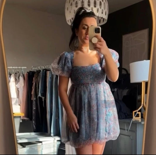 Storia Ditzy Floral Puff Sleeve Dress Women’s Size Medium 8-10 Blue