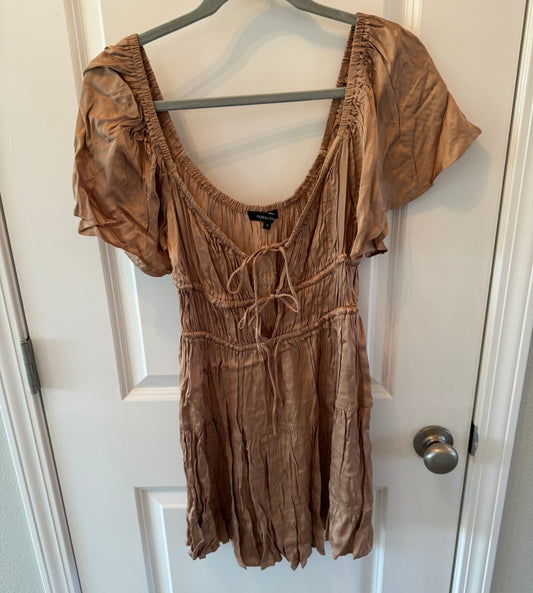 Lace Up Bodice Mini Dress w Statement Sleeves Women’s Size Small Tan