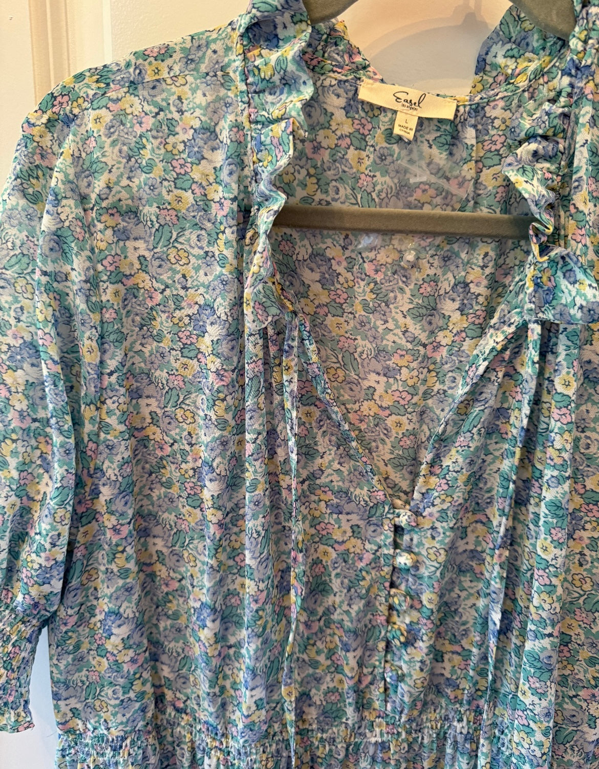 Bohemian Floral Dress w Puff Sleeves Women’s Size Large Blue