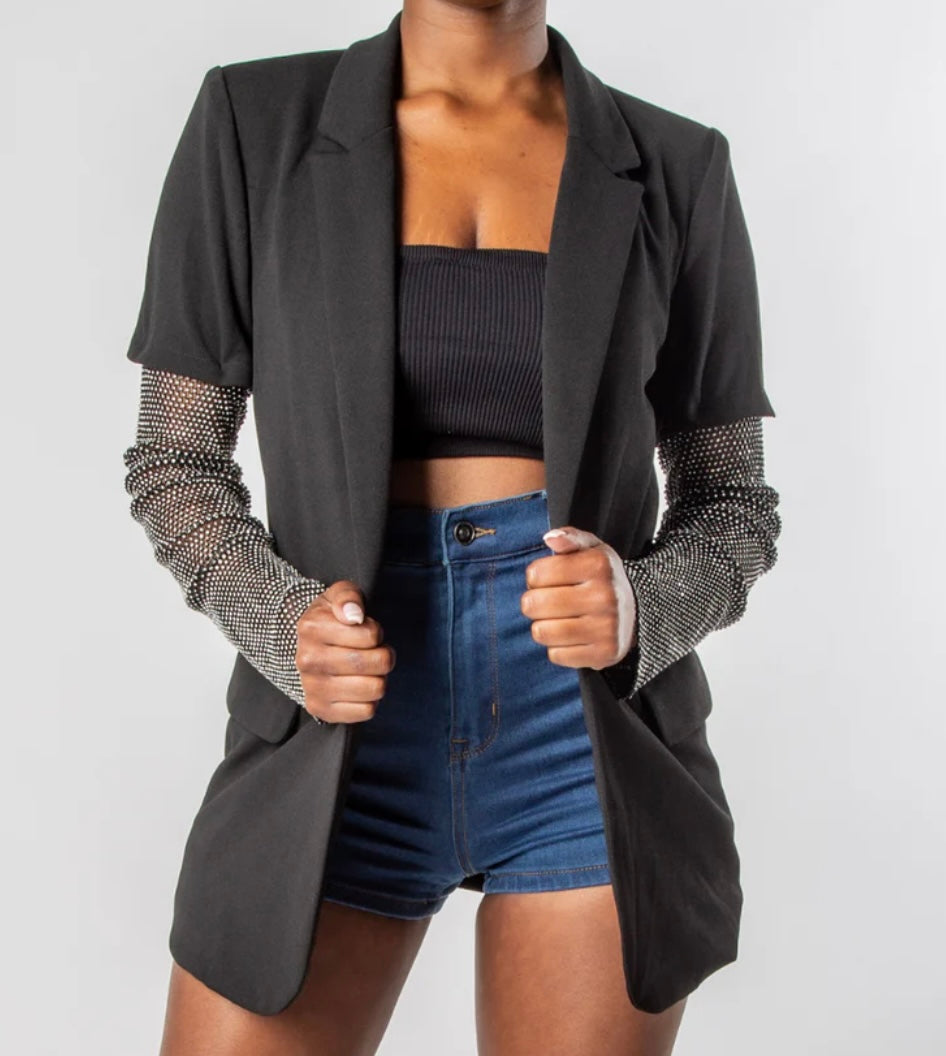 Blazer w Crystal Mesh Sleeves Women’s Medium Black NWT