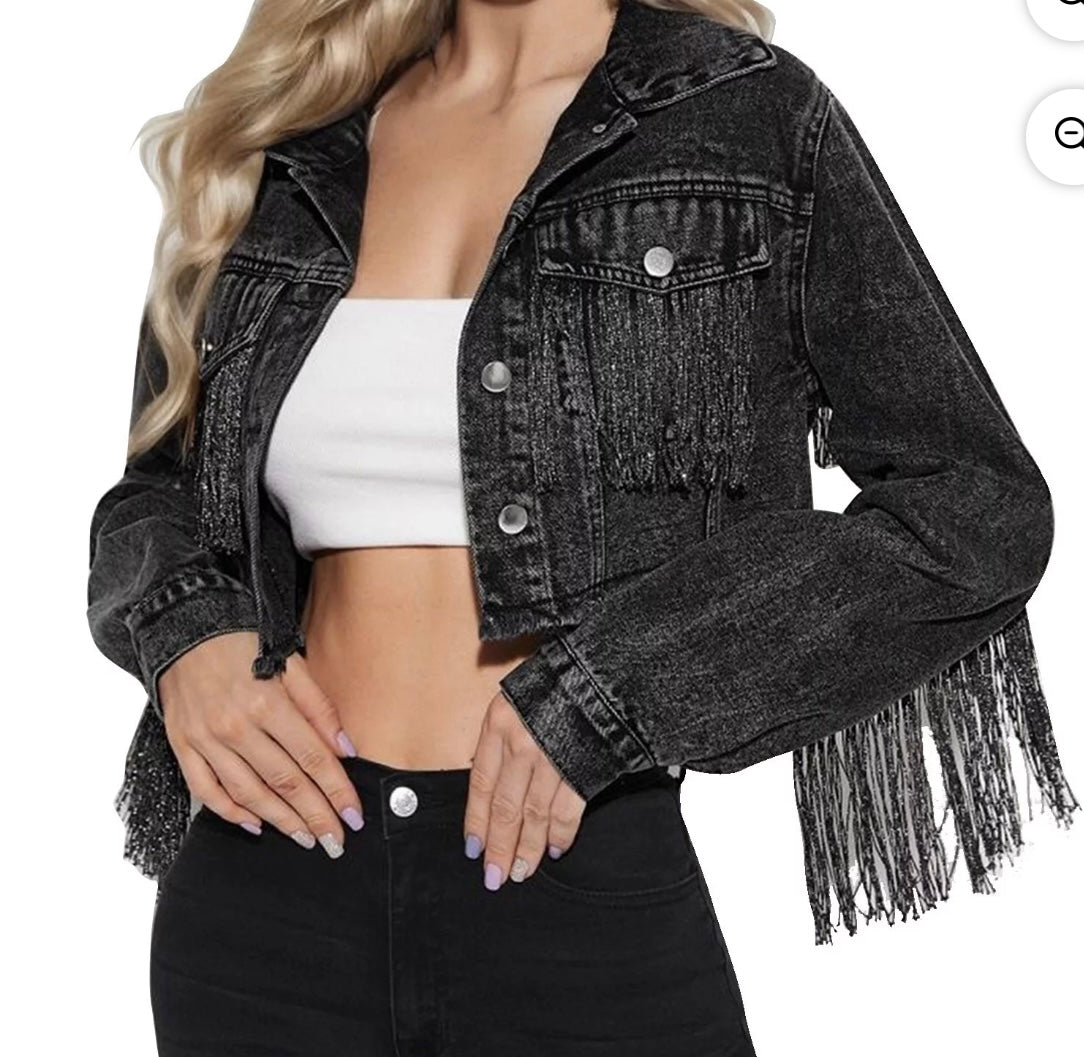 Cropped Jean Jacket w Fringe Tassels Women’s Size Medium Black