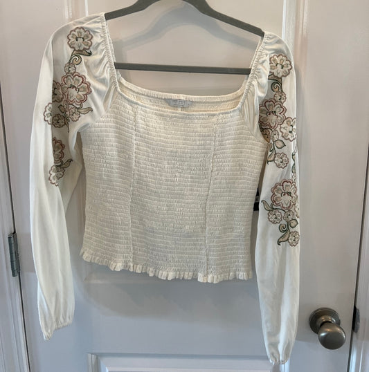 Lucky Brand Embroidered Smocked Square Neck Knit Top Women’s Size Small White