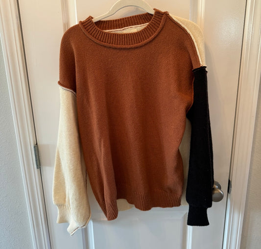 Bibi Colorblock Raw Seam Sweater Women’s Size Large Brown