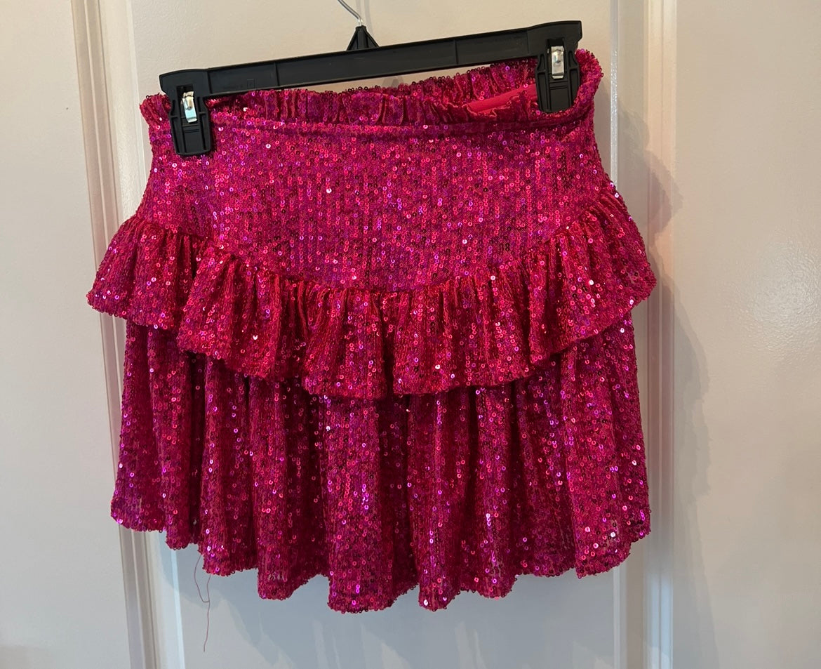 Main Strip Sequin Tiered Ruffle Mini Skirt Women’s Size Small Hot Pink