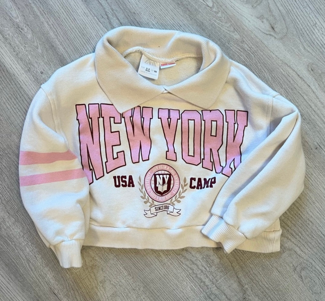 Zara New York Graphic Sweatshirt W Collar Toddler Girl Size 2/3 Years Beige