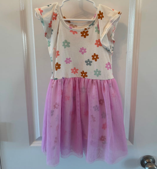 Daisy Print Dress w Tulle Skirt Toddler 3T White